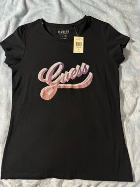 Guess Black Short-Sleeve Tee with Pink-Purple Script Logo